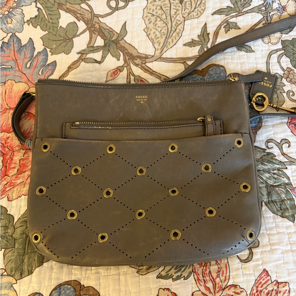 Fossil Gray Leather Crossbody Bag